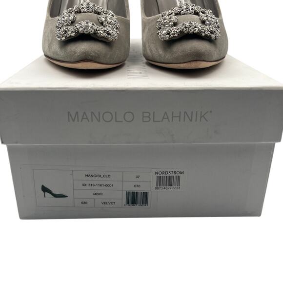 Manolo Blahnik Hangisi Swarovski Crystal Velvet Pointed Toe Pumps Heels Gray 7 - Picture 11 of 12